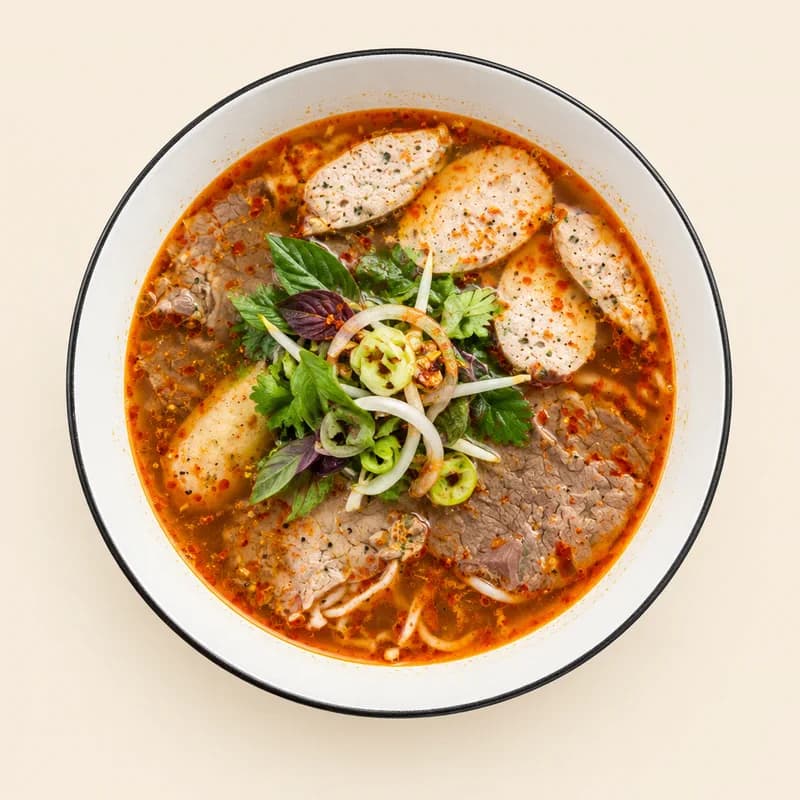 Bún Bò Huế spicy beef noodle soup with thick rice noodles and chili oil