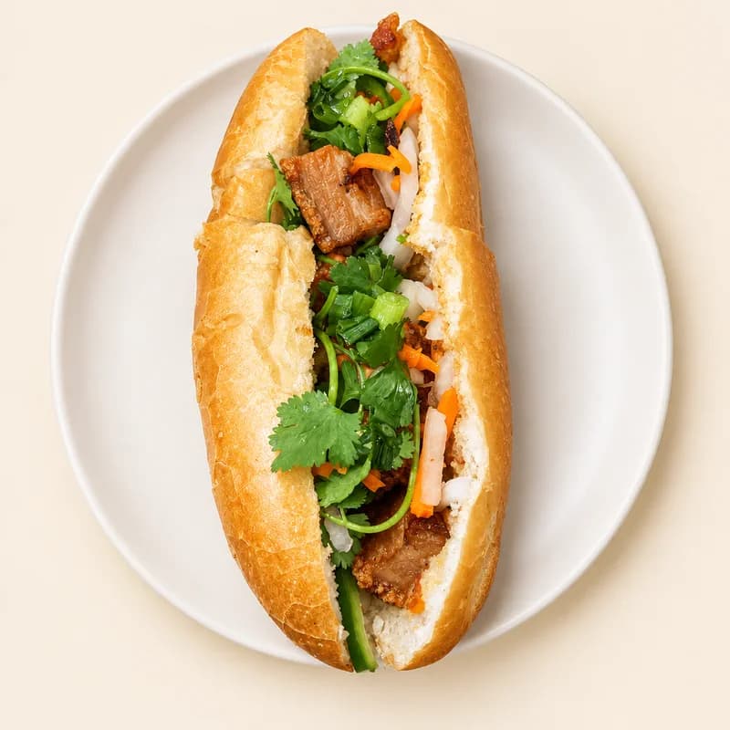Roast pork belly bánh mì with pickled vegetables, cilantro and jalapeño
